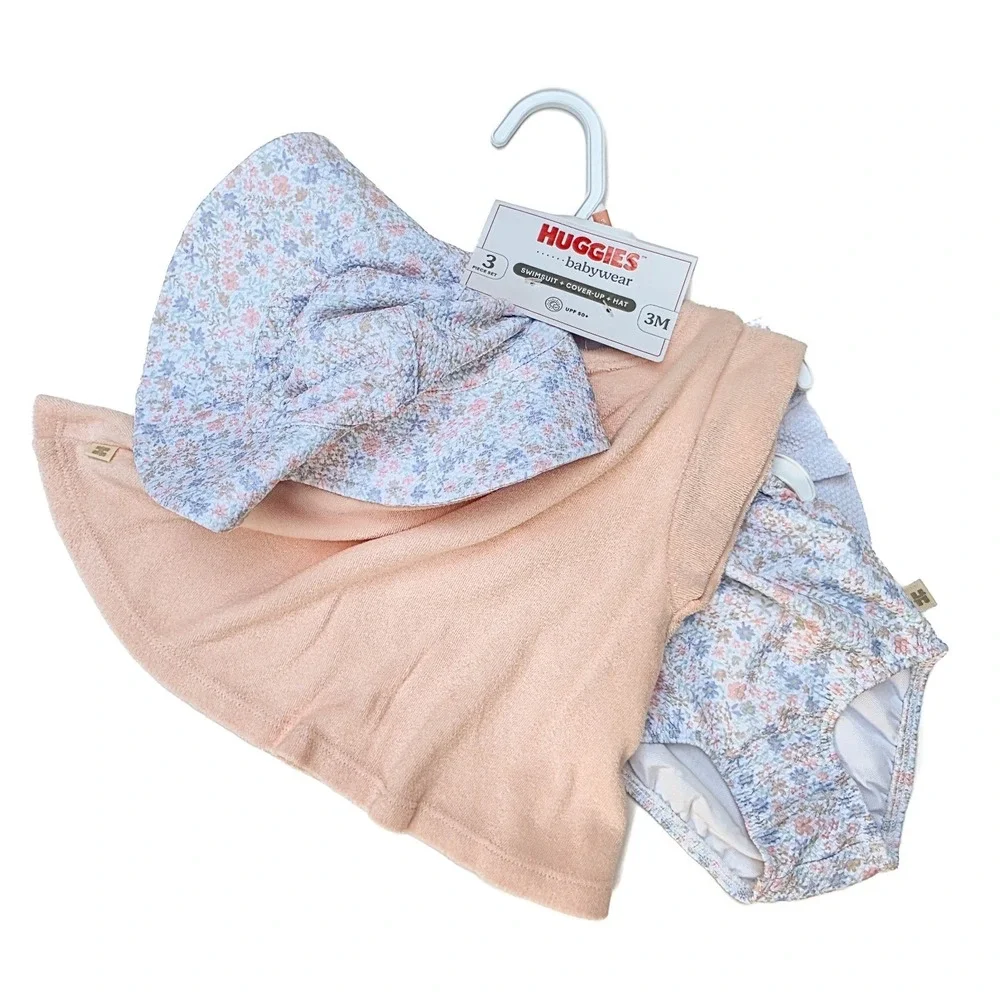 NWT‎ Huggies Baby Girl 3M Floral Swimsuit Cover Up Sun Hat 3Pc Set UPF 50+